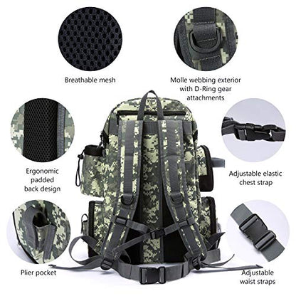 BASSDASH Fishing Tackle Backpack Water Resistant Tactical Bag Soft Tackle Box with Rod Holder and Protective Rain Cover - color: Jungle Camo Backpack [3600] Without Trays