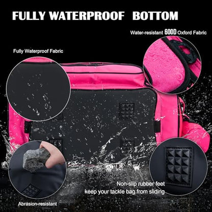 Goture Fishing Tackle Bag with 2pcs 3600 Tackle Boxes, 600D Water-Resistant Soft Side Saltwater Gear Storage Fishing Bag with Rod Straps, Detachable Water Bottle Pouch, Waterproof Bottom, SBS Zippers - color: C1:Pink with 2 3600 Tackle Boxes, size: Large
