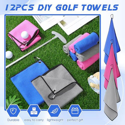 Batiyeer 12 Pcs Golf Towel Bulk for Golf Bags Microfiber Fabric Towel with Clip Waffle Pattern, Fitness, Camping, Hiking, Yoga - color: Rose Red, Gray, Blue