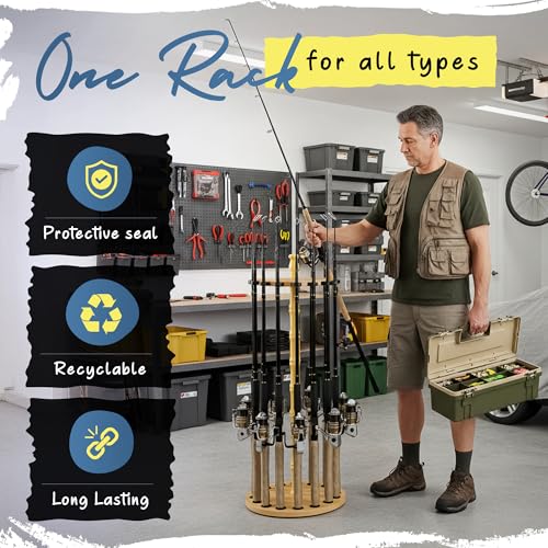 Rush Creek Creations Round 16 Fishing Rod Storage Rack - Features Traditional Handcrafted Wood Post - No Tool Assembly, Wood Grain Laminate - color: Light Wood Grain