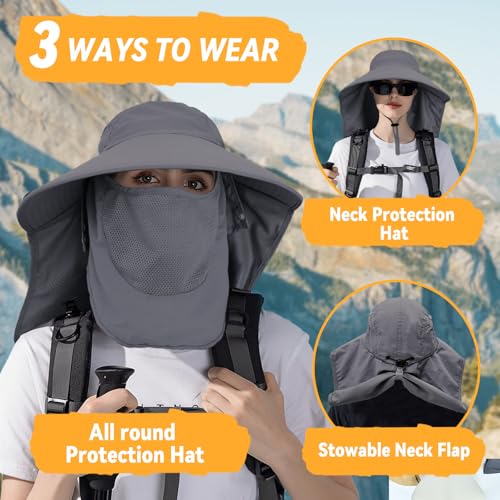 Sun Hats for Men Women Detachable Face Cover Wide Brim Fishing Hats with Neck Flap UPF 50+ Outdoor Safari Hats - color: Dark Grey