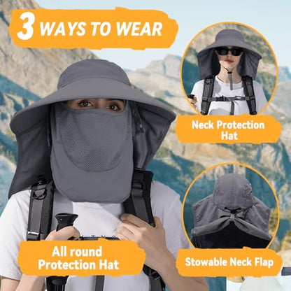 Sun Hats for Men Women Detachable Face Cover Wide Brim Fishing Hats with Neck Flap UPF 50+ Outdoor Safari Hats - color: Dark Grey