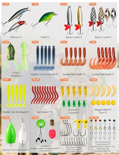 Fishing Lures,380Pcs Tackle Box with Tackle Included | Fishing Gear with Frogs,Soft Baits, Hooks & Other Accessories,Fishing Bait Kit for Bass Trout