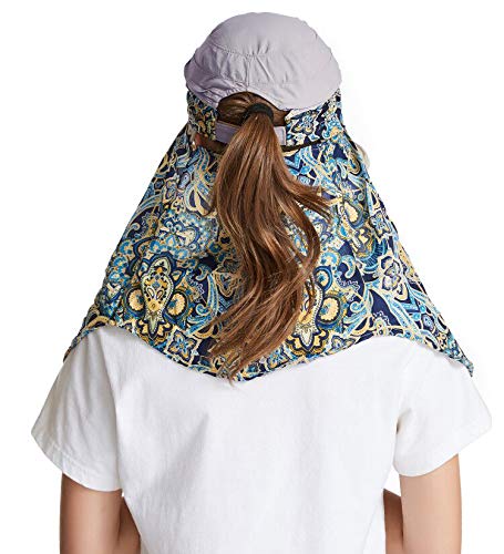 icolor Women Sun Hat UPF 50+ Sun Protection Hat Summer Outdoor Neck Shield Flap Visor Hat Ponytail Hats Wide Brim Beach Hat - color: Gray