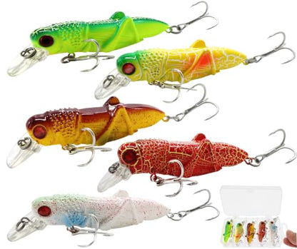 3D Eyes Artificial Crankbait Fishing Lures Kit Jerkbaits for Bass Lures - color: 5pcs grasshopper fat hardbait lures with bill