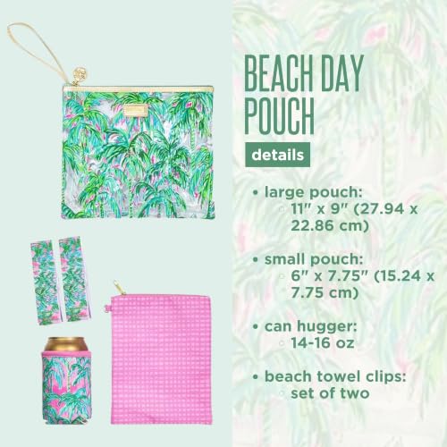 Lilly Pulitzer Water Resistant Vinyl Beach Day Pouch, Zipper Bag Includes Drink Hugger, Small Pouch, and Towel Clips - color: Suite Views