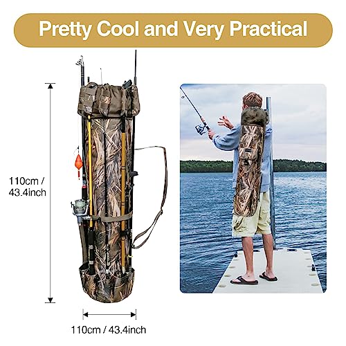 DONQL Fishing Rod Bags, Outdoor Fishing Pole Holders Reel Case, Multifunction Camping Portable Travel Carry Case Backpack Fish Rod Reel Bag, Holds 5 Poles & Fishing Tackles, Fishing Gear for Men - color: Camouflage