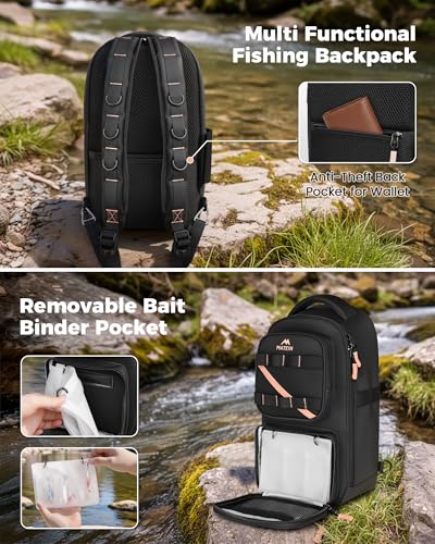 MATEIN Fishing Sling Bag with Phone Pouch, 3600 Tackle Box Backpack | Tackle Bag with Removable Bait Binder, Fishing Bag with Lure Rod Holder, Cooler Compartment, Waterproof, Women Fishing Gifts - color: Black-pink