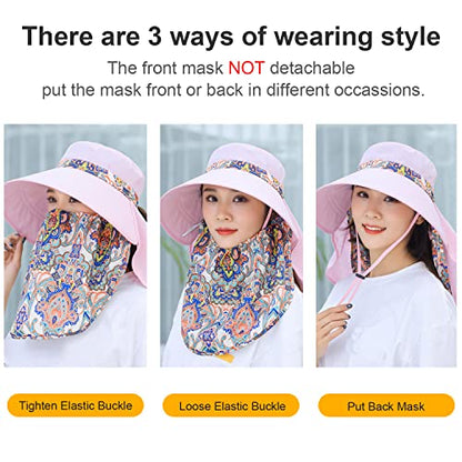 Women Wide Brim Face Mask Sun Hat Detachable Neck Face Flap Ponytail UV Protection Visor Hat Garden Fishing Hiking - color: M9099-xueyafen