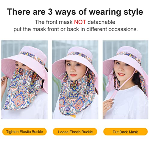 Women Wide Brim Face Mask Sun Hat Detachable Neck Face Flap Ponytail UV Protection Visor Hat Garden Fishing Hiking - color: M9099-xueyafen
