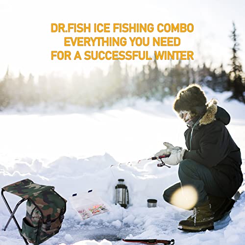 Dr.Fish Ice Fishing Rod and Reel Combo, Ice Fishing Pole Gear Spinning Reel Equipment Set Backpack Chair Jigs Lures Accessories - color: 24'' Ice Fishing Kit with Backpack Seat