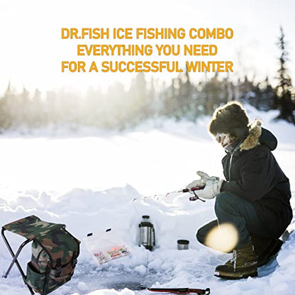Dr.Fish Ice Fishing Rod and Reel Combo, Ice Fishing Pole Gear Spinning Reel Equipment Set Backpack Chair Jigs Lures Accessories - color: 24'' Ice Fishing Kit with Backpack Seat