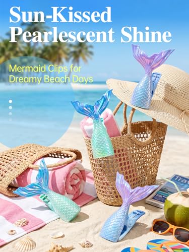 Beach Towel Clips, 4 Pack Dreamy Gradient Mermaid Tail Towel Clips for Beach Chairs, Windproof Beach Chair Clips for Beach, Cruise, Pool, Patio - style: Mermaid Tail