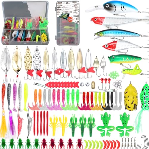 EXAURAFELIS Fishing Lures Tackle Kit, Mixed Hard & Soft Baits Metal Spoons Fishing Accessories for Bass Trout Pike Freshwater Saltwater Fishing - color: 128 pcs