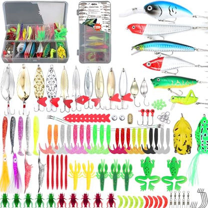 EXAURAFELIS Fishing Lures Tackle Kit, Mixed Hard & Soft Baits Metal Spoons Fishing Accessories for Bass Trout Pike Freshwater Saltwater Fishing - color: 128 pcs