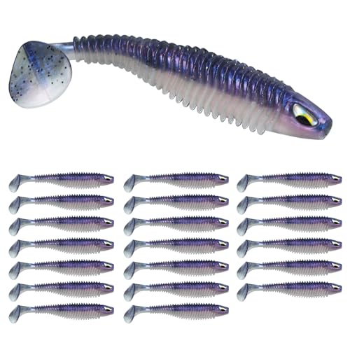3D Eyes Paddle Ribbed Bait, 2.5in 3in 4.1in Soft Plastic Paddle Tail Swimbaits Fishing Lures for Bass Fishing Freshwater Saltwater 12/20/25 PCS - color: Purple, size: 3in(8cm)-20PCS