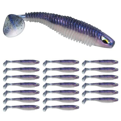 3D Eyes Paddle Ribbed Bait, 2.5in 3in 4.1in Soft Plastic Paddle Tail Swimbaits Fishing Lures for Bass Fishing Freshwater Saltwater 12/20/25 PCS - color: Purple, size: 3in(8cm)-20PCS