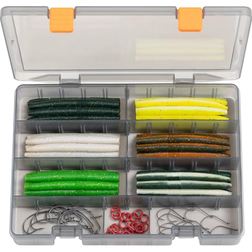 Wacky Worms Bass Fishing Kit, 71pcs 4 in Stick Worm Soft Plastic Baits, Wacky Hooks, EWG Hooks, O-Rings, 6 Colors, 3600 Tackle Box