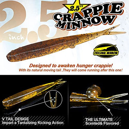 Crappie-Baits- Plastics-Jig-Heads-Kit-Minnow-Fishing-Lures-for Crappie-Panfish-Bluegill-20Piece Kit - 15 Bodies- 5 Crappie Jig Heads - color: #03 Pumpkin PP.Shad