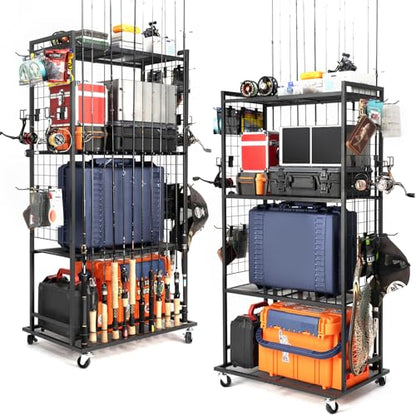 SOYEEZE Fishing Rod Holders for Garage, 4 Tier Adjustable Fishing Pole Holders Up to 12 Rods, Fishing Rod Rack with Lockable Wheels for Large Tackle Box Storage and Fishing Equipment Organization