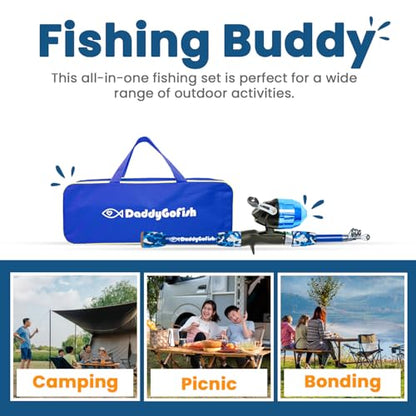 DaddyGoFish Kids Fishing Pole - Rod Reel Combo Tackle Box Starter Set - First Year Small Gear Kit for Boys Girls Toddler Youth Age Beginner Little Children - color: Blue (Essential Set), size: 4ft