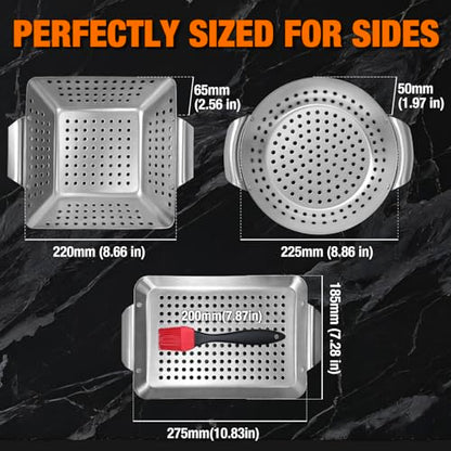 3 Piece Stainless Steel Grill Basket Set with Basting Brush, Heavy Duty Small Vegetable Grill Basket for Outdoor Grill - Perforated Compact BBQ Grill Pan & Wok Accessories for Gas, Charcoal, Veggies