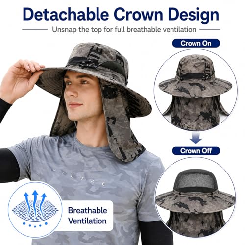Sun Hat Unisex Face Coverage Shield Neck Flap Cap Garden Lawn Work Sports Hiking Fishing Hats - color: Khaki Ink Wash