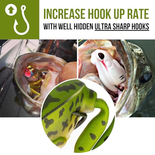Lunkerhunt Frog Fishing Lure for Bass Fishing | Popping Frog Lure 1/4 oz | Topwater Fishing Bait with Weedless Hooks, Hollow Body, Trout Pike Lures - color: Green Tea, size: 1.75 inch