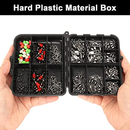 Realure 160 Pcs/box Fishing Swivel Snaps Kit Sea Fishing Barrel Swivel Snaps Ball Bearing Swivels Fishing Tackle with Multiple Fishing Swivels and Clips Luminous Fishing Beads for Saltwater Freshwater