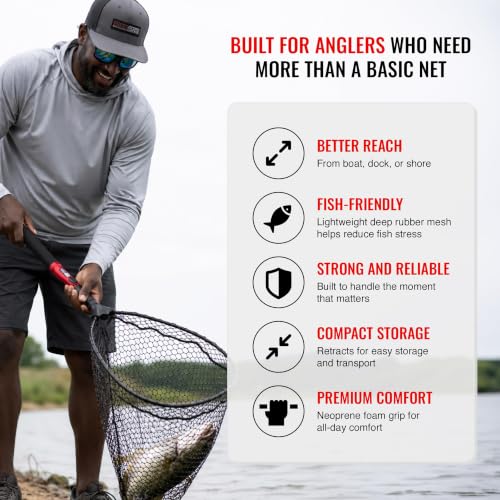EGO S2 Slider Fishing Net Handle | Adjustable Extension Handle, Minimal Water Drag Design, Ergonomic Foam Grip for Landing Nets - size: 29" to 60" Handle, 22” x 23” Hoop, style: Lightweight Non-tangle Deep Rubber Mesh
