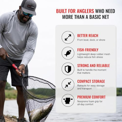 EGO S2 Slider Fishing Net Handle | Adjustable Extension Handle, Minimal Water Drag Design, Ergonomic Foam Grip for Landing Nets - size: 29" to 60" Handle, 22” x 23” Hoop, style: Lightweight Non-tangle Deep Rubber Mesh