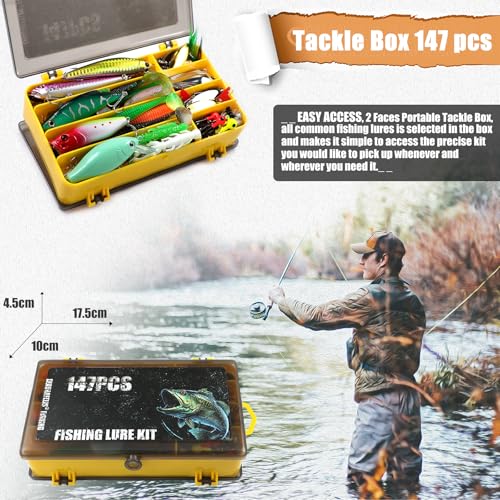 EXAURAFELIS Fishing Lures,Tackle Box with Tackle Included, Crankbaits, Spoon, Shrimp Worm Bait, Hooks,Weights & Other Accessories, Fishing Lures kit Lure Set for Bass Trout Salmon - color: 147pcs