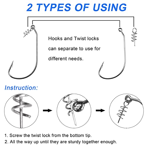 Swimbait Twist Lock Fishing Hook, 60Pcs Twist-Lock Worm Keeper Hooks with Centering Pin Spring Weedless Hook for Soft Plastic Lures Baits Bass Fishing 1/0 2/0 3/0 4/0 5/0 - size: 5/0-60pcs