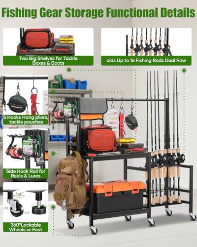 EXTCCT Fishing Rod Holders for Garage, Fishing Pole Rack Holds Up to 16 Rods with Hooks, Heavy Duty Rolling Fishing Cart with Wheels, Fishing Equipment Storage for Man's Gift (Black) - color: Black