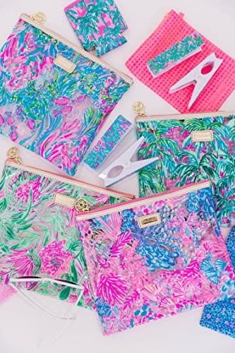 Lilly Pulitzer Water Resistant Vinyl Beach Day Pouch, Zipper Bag Includes Drink Hugger, Small Pouch, and Towel Clips - color: Splendor in the Sand