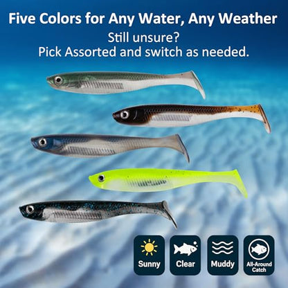 Paddle Tail Swimbait Fishing Lures for Bass Fishing | 5/6/15 Pcs Soft Plastic Lures With Paddle Tail, Pre-Rigged Jig Hook Options for Walleye, Pike & Trout Fishing - color: Mixed Colors