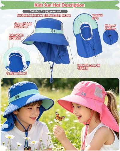 Kids Sun Hat Neck Flap UPF 50+ Quick-Dry Wide Brim Breathable Fishing Beach Hat for 6-12T Boys Girls Summer