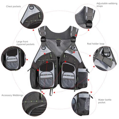 BASSDASH Strap Fishing Vest Adjustable for Men and Women, for Fly Bass Fishing and Outdoor Activities - color: Charcoal Grey