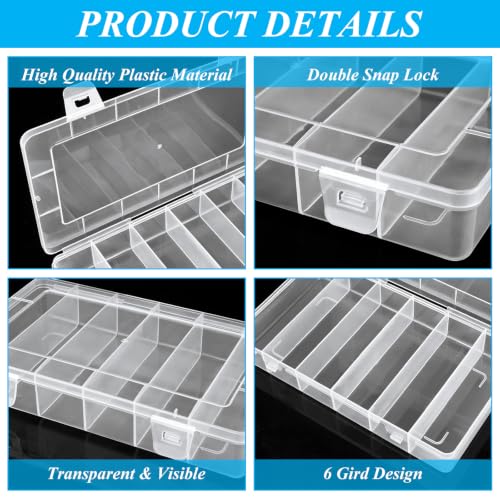 10 Pack 6 Grids Tackle Box Organizer, Clear Fishing Tackle Boxes, Clear Organizer Box with Dividers, Plastic Storage Organizer Container for Crafts, Beads, Earrings, Screws, Nail, Pins