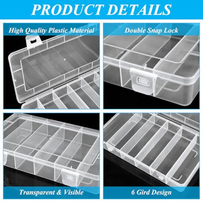 10 Pack 6 Grids Tackle Box Organizer, Clear Fishing Tackle Boxes, Clear Organizer Box with Dividers, Plastic Storage Organizer Container for Crafts, Beads, Earrings, Screws, Nail, Pins