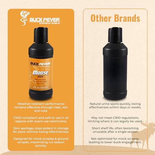 Buck Fever Moose Juice, Syntheticly Formulated Moose Attractant - Non-Spoiling Synthetic Bull Scent for Outdoor Trail Camera - Early Season Mature Buck Hunting Scents - size: 4 Fl Oz (Pack of 1)