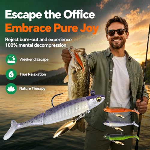 Modular Soft Lure System Kit 15Pcs - Removable Jig Head Hooks Design with Premium TPE Swimbait Paddle Tail, Snap Swivels Included, 3.5in 0.56oz, Mimic Minnow Tackle Box Set for Bass Trout