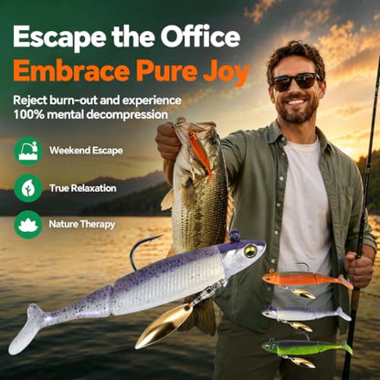 Modular Soft Lure System Kit 15Pcs - Removable Jig Head Hooks Design with Premium TPE Swimbait Paddle Tail, Snap Swivels Included, 3.5in 0.56oz, Mimic Minnow Tackle Box Set for Bass Trout