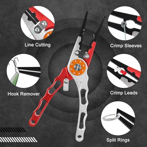 Muti-Function Hook Remover and Split Ring Pliers Fishing Pliers Saltwater Saltwater Resistant Fishing Gear Stainless Steel Top & Aluminum Body Tool Kit with Sheath and Lanyard