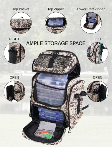 Handor Fishing Tackle Backpack, 50L Capacity, Waterproof Fishing Gear Bag (Camouflage khaki) - color: Camouflage Khaki