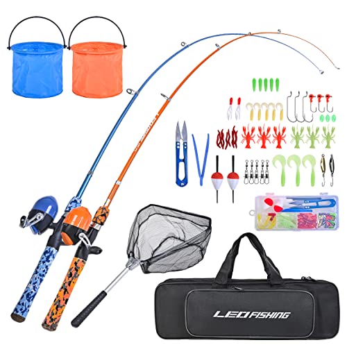 LEOFISHING Kids Fishing Pole Set with Full Starter Kits Portable Telescopic Fishing Rod and Spincast Reel with a Fishing Net and Bucket for Boys Girls and Youth - color: Blue and Orang