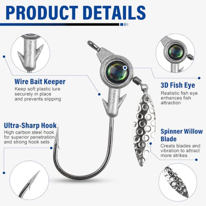 Underspin Jig Heads, 12pcs Crappie Jig Heads Swimbait Jig Heads with Spinner Blade 3D Eyes Fishing Jig Heads Hooks for Soft Plastic Swimbait Bass Walleye Trout Fishing 1/8oz 1/4oz 3/16oz 3/8oz - size: 3/16oz-12pcs