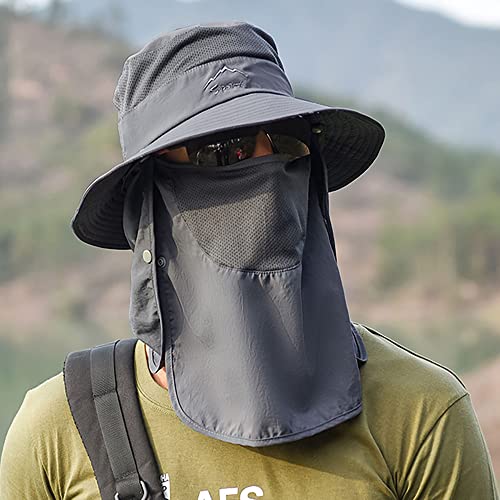Sun Hat for Men Women, Summer UV Sun Protection Wide Brim Fishing Hat for Men with Face Cover & Neck for Hiking - color: Dark Grey(with Face Cover & Neck Flap)