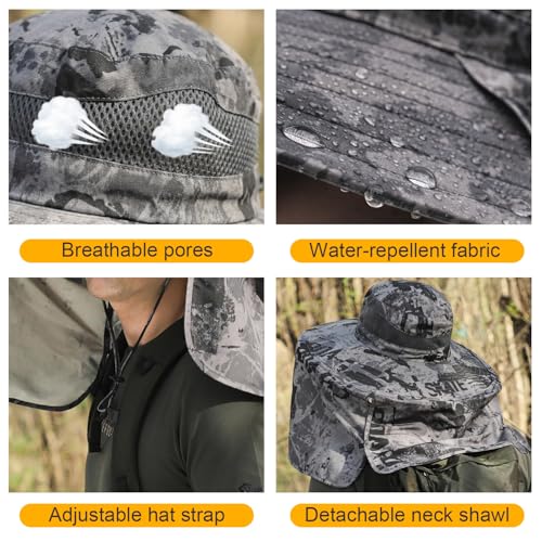 HUAMULAN Men Summer Sun Hat Women Safari Wide Brim Fishing Hats UV Protection Neck Flap Bucket Gardening Hiking Hunting Cap - color: Hyp016-shenhui-smo