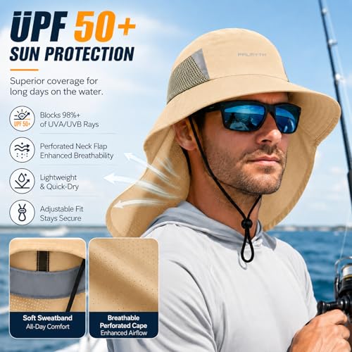 Palmyth Fishing Hat Wide Brim Sun Hat with Neck Flap & Sunglasses Storage | Sun Protection, Adjustable Fit, Breathable Mesh & Sweatband, Foldable, For Men & Women - color: Khaki
